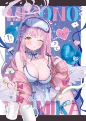 Rule 34 | !, !!, 1girl, angel wings, blue archive, blue camisole, blue panties, blush, bow, breasts, camisole, character name, cleavage, cup, dano, feathered wings, hair bow, heart, highres, jacket, large breasts, long hair, looking at viewer, mika (blue archive), one eye closed, open clothes, open jacket, panties, parted lips, pink hair, pink jacket, solo, spoken exclamation mark, underwear, white bow, white wings, wings, yellow eyes