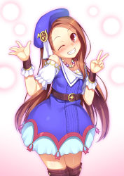 Rule 34 | 1girl, bare shoulders, belt, blush, brown eyes, brown hair, dress, grin, hat, head tilt, highres, idolmaster, idolmaster (classic), jewelry, long hair, looking at viewer, minase iori, necklace, one eye closed, palace of dragon (idolmaster), racer (magnet), smile, solo, thighhighs, v, wink, wrist cuffs, zettai ryouiki