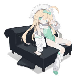 Rule 34 | 1girl, ;), ahoge, beret, blonde hair, bow, couch, daizu (melon-lemon), full body, green bow, green eyes, green footwear, hair bow, hat, highres, long hair, on couch, one eye closed, original, simple background, smile, solo, white background, white beret