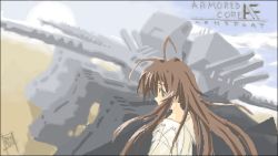 Rule 34 | 1girl, armored core, armored core: for answer, arms forts, brown hair, dress, female focus, from software, hier, long hair, mecha, mecha musume, outdoors, robot, sky, solo, spirit of motherwill
