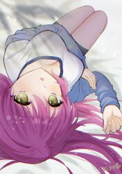 Rule 34 | 1girl, :o, ahoge, arm under breasts, bed sheet, bike shorts, black shorts, blush, breasts, cleavage, commentary request, eyelashes, foreshortening, full body, futaki kanata, gym uniform, hair spread out, hand up, highres, knees up, large breasts, light particles, little busters!, long hair, long sleeves, looking at viewer, lying, on back, open mouth, piyo (kinkooo333), purple hair, shirt, shorts, signature, solo, tsurime, upturned eyes, white shirt, yellow eyes