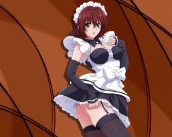 Rule 34 | 00s, 1girl, ass, black thighhighs, blush, bottomless, breasts, brown hair, cleavage, detached sleeves, elbow gloves, female focus, frills, garter straps, gloves, green eyes, large breasts, looking at viewer, looking back, maid, maid headdress, mikado ryouko, mature female, no panties, non-web source, red hair, short hair, smile, solo, standing, thighhighs, thighs, to love-ru, wallpaper