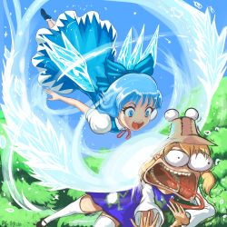 Rule 34 | 2girls, :d, animal print, aura, bare arms, blonde hair, blue dress, blue eyes, blue hair, bow, bulging eyes, cirno, commentary, day, dress, english commentary, frog print, hair bow, hat, highres, ice, ice wings, long sleeves, long tongue, looking at another, medium hair, moriya suwako, multiple girls, open mouth, outdoors, profitshame, puffy short sleeves, puffy sleeves, purple skirt, purple vest, shirt, short sleeves, skirt, skirt set, smile, tackle, teeth, tongue, tongue out, touhou, vest, white shirt, wide-eyed, wings