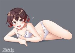 Rule 34 | 1girl, blush, bra, breasts, crossed legs, gradient background, grey background, hair between eyes, heart, ishida arata, kantai collection, looking at viewer, looking back, lying, mutsuki (kancolle), navel, open mouth, panties, small breasts, smile, solo, underwear, underwear only, white bra, white panties