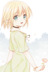 Rule 34 | 1boy, 344 (prismlink), androgynous, blonde hair, blush, bracelet, child, choker, crossdressing, dress, elf, flower, green eyes, jewelry, looking at viewer, male focus, open mouth, original, pointy ears, short hair, smile, solo, trap