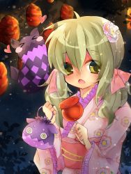 Rule 34 | 1girl, blush, brown eyes, brown hair, closed eyes, elize lutus, frills, gradient background, hair ornament, heart, highres, japanese clothes, kimono, long hair, open mouth, ribbon, tales of (series), tales of xillia, teepo (tales)