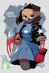 Rule 34 | 1girl, absurdres, animification, blue dress, brown eyes, captain america, character name, commentary request, cowboy shot, cropped legs, dark-skinned female, dark skin, dress, gloves, highres, loki (marvel), looking at viewer, marvel, mask, mouth mask, pantyhose, rariatto (ganguri), red gloves, shield, short hair, star (symbol)