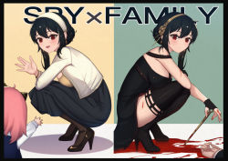 Rule 34 | 1boy, 2girls, :d, anya (spy x family), bad id, bad pixiv id, bare shoulders, black border, black dress, black footwear, black gloves, black hair, black pantyhose, black skirt, blood, blood on arm, blood on clothes, blood on hands, blood on leg, blue dress, blush, boots, border, breasts, brown legwear, closed mouth, commentary, copyright name, dress, fingerless gloves, gloves, hair between eyes, hairband, hand up, high heels, holding, jacket, large breasts, long hair, long sleeves, medium breasts, multiple girls, multiple views, open mouth, out of frame, pantyhose, pink hair, pool of blood, red eyes, shirt, shoes, skirt, sleeveless, sleeveless dress, smile, spy x family, squatting, symbol-only commentary, thigh boots, thighhighs, uneg, white hairband, white jacket, white shirt, yor briar