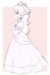 Rule 34 | 1girl, artist name, blue eyes, border, brooch, chocomiru, closed mouth, crown, dress, earrings, full body, jewelry, long hair, mario (series), monochrome, nintendo, own hands together, pink background, princess peach, signature, simple background, sketch, smile, solo, super mario 64, tiara, unfinished, white border