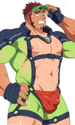 Rule 34 | 1boy, akashi (live a hero), akashi (water bullet) (live a hero), bara, bare pectorals, black gloves, bodysuit, bulge, character request, check character, clenched teeth, facial hair, fingerless gloves, gloves, green bodysuit, hand on own hip, highres, large pectorals, live a hero, long sideburns, male focus, male swimwear, muscular, muscular male, navel, nipples, official alternate costume, pectorals, red hair, red male swimwear, red swim briefs, ruizu (takakisan503), scar, scar on face, scar on nose, short hair, sideburns, solo, swim briefs, swimsuit, teeth, visor cap