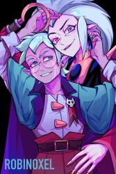 Rule 34 | 1girl, 1other, artist name, blue eyes, coat, coat on shoulders, earrings, edalyn clawthorne, fang, glasses, gold nails, grey hair, grin, heterochromia, highres, hook, jewelry, pointy ears, raine whispers, robinoxel, short hair, smile, the owl house, twitter username