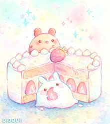 Rule 34 | :3, animal, artist name, bisquii, rabbit, cake, candy, eating, food, fruit, holding, holding food, multicolored background, no humans, open mouth, original, painting (medium), sparkle, strawberry, strawberry shortcake, sweets, traditional media, watercolor (medium), whipped cream