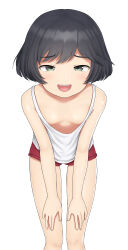 Rule 34 | 1girl, :d, absurdres, bare shoulders, bent over, black hair, blush, bob cut, breasts, cleavage, collarbone, commentary, downblouse, feet out of frame, girls und panzer, green eyes, hands on own knees, highres, leaning forward, looking at viewer, loose clothes, loose shirt, narrowed eyes, naughty face, open mouth, raised eyebrows, red shorts, sc naru, shirt, short hair, short shorts, shorts, simple background, small breasts, smile, solo, standing, swept bangs, tank top, teasing, teeth, thigh gap, tongue, upper teeth only, utsugi yuuki, white background, white tank top