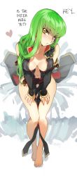 Rule 34 | 1girl, :o, barefoot, bed sheet, between thighs, blush, breasts, c.c., center opening, code geass, creayus, detached sleeves, from above, green hair, hard-translated, heart, legs, long hair, looking at viewer, medium breasts, navel, open mouth, sitting, solo, third-party edit, translated, yellow eyes