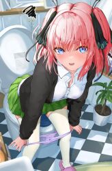 Rule 34 | 1girl, absurdres, bathroom, black cardigan, black ribbon, blue eyes, blurry, bob cut, breasts, butterfly hair ornament, cardigan, collared shirt, depth of field, go-toubun no hanayome, green skirt, hair ornament, hair ribbon, highres, indoors, leaning forward, looking at viewer, medium breasts, medium hair, momiji akiba, nakano nino, open cardigan, open clothes, open mouth, panties, panty pull, pink footwear, pink hair, pink panties, plant, pleated skirt, potted plant, pulling own clothes, ribbon, school uniform, shirt, sidelocks, skirt, slippers, solo, sweatdrop, swirl, thighhighs, toilet, two side up, underwear, white shirt, white thighhighs