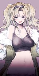 Rule 34 | 1girl, bare shoulders, blonde hair, blue eyes, braid, breasts, cleavage, collarbone, covered erect nipples, fur trim, granblue fantasy, groin, hair intakes, hairband, jacket, koza game, large breasts, lowleg, navel, open mouth, see-through, simple background, solo, tank top, twintails, zeta (dark) (granblue fantasy), zeta (granblue fantasy)
