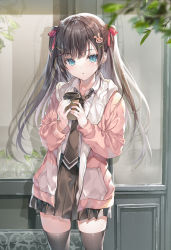 Rule 34 | 1girl, black skirt, black thighhighs, blue eyes, brown hair, collared shirt, cowboy shot, cup, disposable cup, hair ornament, hair ribbon, highres, holding, jacket, long hair, long sleeves, looking at viewer, miniskirt, miwabe sakura, necktie, open clothes, open jacket, original, parted lips, pink jacket, pleated skirt, ribbon, school uniform, shirt, skirt, solo, standing, thighhighs, two side up, white shirt, zettai ryouiki