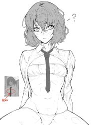 Rule 34 | 1girl, absurdres, bikini, blush, closed mouth, collared shirt, eyepatch bikini, flat chest, freckles, greyscale, highres, ishmael (project moon), limbus company, looking at viewer, medium hair, monochrome, nb8c, necktie, project moon, shirt, shrug (clothing), sitting, solo, swimsuit
