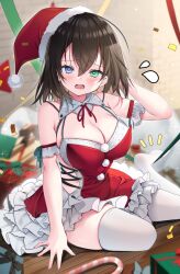 Rule 34 | 1girl, blue eyes, blush, breasts, brown hair, candy, candy cane, cleavage, dress, flying sweatdrops, food, full body, green eyes, hair between eyes, hat, heterochromia, large breasts, looking at viewer, medium hair, no shoes, notice lines, on floor, open mouth, original, red dress, red ribbon, ribbon, santa hat, signature, sitting, sleeveless, sleeveless dress, solo, thighhighs, white thighhighs, wooden floor, yoruhoshi owl