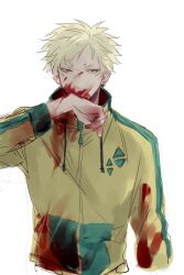 Rule 34 | 1boy, blonde hair, blood, blood on clothes, blood on face, blood on hands, chinese commentary, commentary request, drawstring, earclip, green trim, haruno shion, highres, jacket, kc-rk sl, long sleeves, male focus, saibou shinkyoku, short hair, simple background, solo, upper body, white background, wiping blood, yellow eyes, yellow jacket