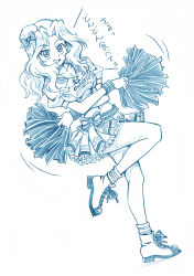Rule 34 | 1girl, bbb (friskuser), beret, blue theme, bow, bow skirt, cheerleader, clothes writing, coco&#039;s, commentary, cross-laced footwear, crossed arms, dutch angle, frilled skirt, frills, girls und panzer, hair intakes, hat, hat bow, highres, holding, holding pom poms, kay (girls und panzer), leg up, logo, long hair, looking at viewer, midriff, mini hat, miniskirt, monochrome, motion lines, navel, neck ribbon, open mouth, pleated skirt, pom pom (cheerleading), puffy short sleeves, puffy sleeves, ribbon, sailor collar, shirt, shoes, short sleeves, skirt, smile, socks, solo, standing, standing on one leg