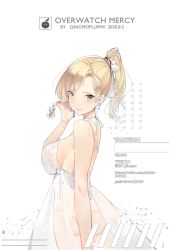 Rule 34 | 1girl, artist name, blonde hair, blush stickers, breasts, character name, closed mouth, copyright name, dated, dress, earrings, from side, genji (overwatch), green eyes, hair ornament, hair ribbon, halterneck, high ponytail, highres, jewelry, large breasts, long hair, mercy (overwatch), mole, mole under eye, nail polish, overwatch, overwatch 1, panties, plumw, ribbon, see-through, sideboob, smile, solo, underwear, white dress, white panties, x hair ornament