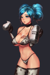 Rule 34 | 1girl, animal print, bikini, blue eyes, blue hair, body writing, breasts, cleavage, collar, cow print, cow print bikini, cup, elbow gloves, gloves, highres, instant ip, jug (bottle), large breasts, league of legends, matching hair/eyes, milk, navel, parted lips, print bikini, revision, skindentation, solo, sona (league of legends), strap gap, sweat, swimsuit, tattoo, thighhighs, twintails, underboob