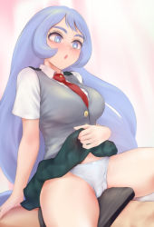 Rule 34 | 10s, 1boy, 1girl, :o, blue eyes, blue hair, blush, boku no hero academia, breasts, censored, clothes lift, collarbone, from below, girl on top, green skirt, grinding, hadou nejire, hetero, highres, long hair, looking at another, medium breasts, panties, penis, shirt, short sleeves, shpo, skirt, skirt lift, solo focus, underwear, very long hair, white shirt