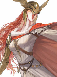 Rule 34 | 1girl, absurdres, armor, breasts, cape, cho (chorion), covered eyes, dress, elden ring, helmet, highres, long hair, malenia blade of miquella, mechanical arms, open mouth, prosthesis, prosthetic arm, red cape, red hair, simple background, single mechanical arm, solo, very long hair, winged helmet