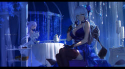 Rule 34 | 2girls, absurdres, artist name, azur lane, black gloves, black legwear, blue dress, blunt bangs, breasts, cleavage, cup, detached sleeves, dress, food, gloves, highres, holding, illustrious (azur lane), illustrious (never-ending tea party) (azur lane), letterboxed, long hair, looking at viewer, multiple girls, sitting, standing, stuffed unicorn, swd3e2, table, teacup, teapot, thighhighs, unicorn (azur lane), white dress