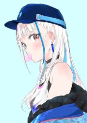 Rule 34 | 1girl, bare shoulders, baseball cap, black choker, black tank top, blowing bubbles, blue background, blue hair, blue hat, blue jacket, blunt bangs, blush, chewing gum, choker, colored inner hair, ear blush, earrings, hat, highres, jacket, jewelry, lize helesta, lize helesta (8th costume), lize helesta (9th costume), long hair, looking at viewer, looking to the side, multicolored hair, nemui ogi, nijisanji, off shoulder, partially unzipped, purple eyes, simple background, sketch, solo, tank top, two-tone hair, two side up, very long hair, virtual youtuber, white hair, white tank top, zipper