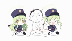 Rule 34 | 1boy, 2girls, :d, animated, armband, belt, belt buckle, blue archive, blush, buckle, buttons, chibi, closed eyes, demon tail, double-parted bangs, green hair, halo, hat, heart, heart tail, hikari (blue archive), holding, long hair, military hat, multiple girls, nozomi (blue archive), open mouth, pantyhose, pointy ears, pre sktch, real life, rope, sensei (blue archive), shorts, sidelocks, simple background, skirt, smile, tagme, tail, thick eyebrows, twintails, video, white background, yellow eyes