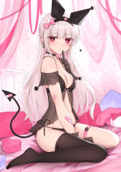 Rule 34 | 1girl, animal ears, bandaid, bandaid on arm, bare shoulders, between legs, black choker, black gloves, black panties, black thighhighs, blush, bow, box, breasts, choker, cleavage, closed mouth, commentary, demon tail, ear piercing, earrings, facial mark, fake animal ears, finger to mouth, gloves, hair bow, heart, heart earrings, heart tattoo, highres, index finger raised, indoors, jewelry, kanju, kuromi, long hair, looking at viewer, medium breasts, on bed, onegai my melody, original, panties, piercing, pillow, pink bow, pink eyes, pink ribbon, rabbit ears, ribbon, sanrio, see-through, side-tie panties, silver hair, single thighhigh, sitting, smile, solo, symbol-only commentary, tail, tattoo, thigh strap, thighhighs, underwear, wariza
