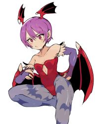 Rule 34 | 1girl, bare shoulders, breasts, bridal gauntlets, closed mouth, cowboy shot, ddari, demon wings, gloves, head wings, highres, leotard, lilith aensland, looking at viewer, low wings, pantyhose, pink eyes, pink hair, pointy ears, purple gloves, purple pantyhose, red leotard, simple background, small breasts, solo, standing, standing on one leg, vampire (game), white background, wings