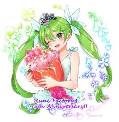 Rule 34 | 1girl, ;d, anniversary, bare arms, bare shoulders, bouquet, collarbone, flower, frey (rune factory), gem, green eyes, hair between eyes, hair ribbon, highres, holding, holding bouquet, light green hair, looking at viewer, one eye closed, open mouth, pink flower, pink gemstone, puchiman, ribbon, rune factory, rune factory 4, smile, solo, teeth, twintails, twitter username, white background, white flower, white ribbon