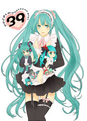 Rule 34 | 1925 (vocaloid), 1girl, aqua eyes, aqua hair, bow, bowtie, chibi, collar, frilled thighhighs, frills, garter straps, hairband, hatsune miku, highres, koiiro byoutou (vocaloid), lol -lots of laugh- (vocaloid), long hair, magnet (vocaloid), pg (lilpglil), simple background, skirt, solo, songover, thigh gap, thighhighs, thighs, twintails, very long hair, vocaloid, world is mine (vocaloid)