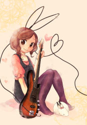 Rule 34 | 1girl, animal ears, brown eyes, brown hair, rabbit, rabbit ears, cable, guitar, heart, instrument, looking at viewer, original, pantyhose, shinryou rei, sitting, smile, solo, wire
