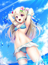 Rule 34 | 1girl, :d, ahoge, arm garter, armpits, arms up, bikini, bikini skirt, blonde hair, blue bikini, blue sky, bracelet, breasts, cameltoe, cleavage, cloud, collarbone, contrail, covered erect nipples, cowboy shot, day, dutch angle, eyelashes, fang, fate/kaleid liner prisma illya, fate (series), flower, gluteal fold, gradient hair, hair between eyes, hair flower, hair ornament, highres, hiro (725611), holding, illyasviel von einzbern, jewelry, bridal garter, light rays, long hair, looking at viewer, multicolored eyes, multicolored hair, navel, ocean, open mouth, outdoors, pearl bracelet, pink hair, purple eyes, red eyes, sky, small breasts, smile, solo, sparkle, splashing, star (symbol), star print, stomach, summer, sunlight, swimsuit, very long hair, wading, water, water drop
