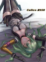 Rule 34 | 1girl, absurdres, asymmetrical gloves, black choker, black gloves, black necktie, black shorts, black thighhighs, blush, breasts, character name, choker, closed mouth, female focus, girls&#039; frontline, gloves, green hair, highres, long hair, looking at viewer, lying, m950a (girls&#039; frontline), medium breasts, necktie, on back, r9k1, shirt, shorts, simple background, smile, solo, thighhighs, white shirt, yellow eyes