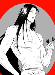 Rule 34 | 1boy, bare shoulders, black eyes, black hair, expressionless, grey background, highres, holding, holding needle, hunter x hunter, iamgaegeoji, illumi zoldyck, long hair, looking at viewer, male focus, muscular, muscular male, needle, partially colored, pin, red background, sleeveless, two-tone background, upper body