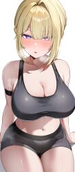 1girl absurdres arm_garter black_sports_bra blonde_hair blush breasts cleavage collarbone commentary_request evelyn_chevalier highres large_breasts lelex looking_at_viewer midriff mole mole_under_eye navel purple_eyes sitting solo sports_bra sweat thighs zenless_zone_zero