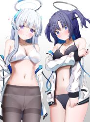 Rule 34 | 2girls, absurdres, ashinagi (bijutu1), black bra, black panties, blue archive, blush, bra, breasts, cleavage, collarbone, crotch seam, grey hair, grey pantyhose, grin, halo, heart, heart-shaped pupils, highres, jacket, long hair, looking at viewer, medium breasts, multiple girls, noa (blue archive), open clothes, open jacket, panties, panties under pantyhose, pantyhose, purple eyes, purple hair, sidelocks, smile, symbol-shaped pupils, two side up, underwear, very long hair, white bra, white jacket, white panties, yuuka (blue archive)