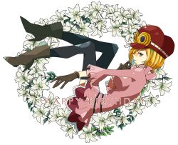 Rule 34 | 1girl, black pantyhose, blonde hair, boots, brown eyes, collar, commentary request, flower, frilled collar, frills, gloves, goggles, goggles on head, happy birthday, hat, high heels, highres, koala (one piece), looking at viewer, miniskirt, noise pp, one piece, pantyhose, profile, short hair, skirt, solo