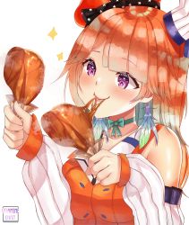 Rule 34 | 1girl, absurdres, artist name, bare shoulders, blush, bow, bow choker, breasts, chef hat, chicken leg, detached sleeves, earrings, eating, feather earrings, feathers, food, fried chicken, gradient hair, hat, hat bow, highres, holding, holding food, hololive, hololive english, jewelry, light green hair, long hair, looking at object, multicolored hair, orange hair, orange hat, orange shirt, purple eyes, shirt, smile, solo, sparkle, steam, takanashi kiara, takanashi kiara (1st costume), virtual youtuber, vitaminechan