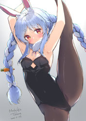 Rule 34 | 1girl, animal ear fluff, animal ears, armpits, arms up, artist name, bare arms, blush, braid, breasts, brown pantyhose, carrot hair ornament, clothing cutout, covered navel, dated, don-chan (usada pekora), food-themed hair ornament, grey background, hair ornament, highres, hololive, leotard, long hair, mochiko tsuru, orange eyes, pantyhose, playboy bunny, rabbit-shaped pupils, rabbit ears, rabbit girl, small breasts, solo, split, standing, standing on one leg, standing split, symbol-shaped pupils, twin braids, underboob cutout, usada pekora, usada pekora (1st costume), virtual youtuber