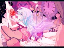 Rule 34 | 1girl, apple, blue eyes, blue hair, camisole, food, fruit, hatsune miku, letterboxed, long hair, lying, matching hair/eyes, on stomach, panties, pillow, romeo to cinderella (vocaloid), solo, souno kazuki, sparkle, twintails, underwear, very long hair, vocaloid