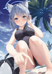 Rule 34 | 1girl, absurdres, animal ear fluff, animal ears, ass, bare arms, bare legs, bare shoulders, barefoot, beach, black one-piece swimsuit, blue archive, blue eyes, blue halo, blush, breasts, competition swimsuit, cross hair ornament, day, extra ears, grey hair, hair ornament, halo, highres, looking at viewer, matcha (user yyss8744), medium breasts, medium hair, ocean, official alternate costume, one-piece swimsuit, outdoors, parted lips, shiroko (blue archive), shiroko (swimsuit) (blue archive), sideboob, solo, squatting, swimsuit, wolf ears