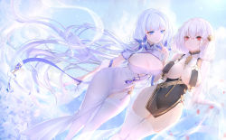 Rule 34 | 2girls, azur lane, blue eyes, blush, braid, breast curtains, breasts, china dress, chinese clothes, cleavage, dress, elbow gloves, garter straps, gloves, hair between eyes, hair ornament, highres, illustrious (azur lane), illustrious (maiden lily&#039;s radiance) (azur lane), isy, lace trim, large breasts, long hair, looking at viewer, mole, mole under eye, multiple girls, red eyes, revealing clothes, short hair, sirius (azur lane), sirius (azure horizons) (azur lane), thighhighs, white dress, white gloves, white hair, white legwear