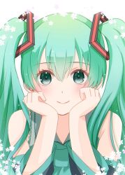 Rule 34 | 1girl, aqua hair, aqua necktie, bare shoulders, blush, cherry blossoms, closed mouth, commentary, detached sleeves, eyelashes, green eyes, grey shirt, hair between eyes, hair ornament, hands on own cheeks, hands on own face, hatsune miku, head rest, kureha jhsh, long hair, miku day, necktie, shirt, sidelocks, simple background, sleeveless, sleeveless shirt, smile, solo, vocaloid, white background