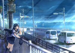 1girl bird black_cat black_hair car cat cloud day female_focus highres kazeno long_hair motor_vehicle ocean original overcast road scenery school_uniform serafuku sky solo traffic_light umbrella wind